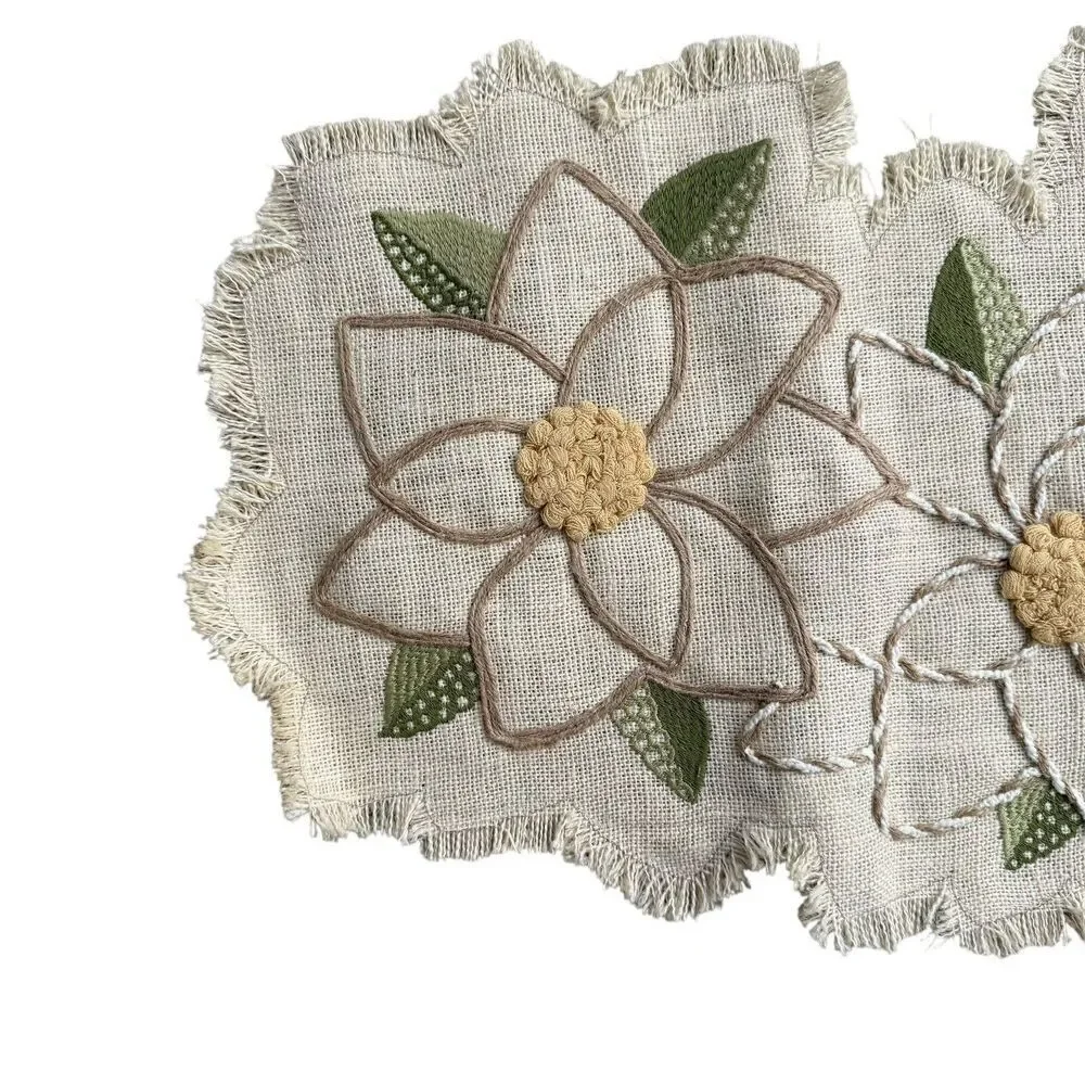 Pier 1 Imports Table Runner 37”x14” Tan Green Floral Natural Fiber Embroidered